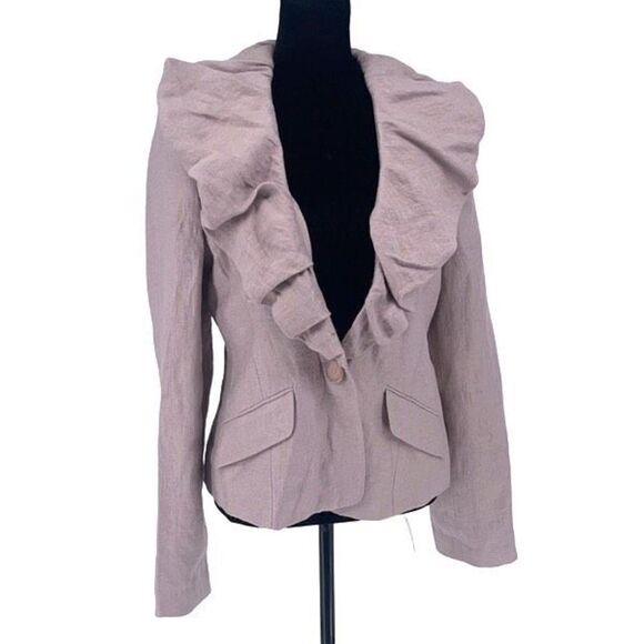 BCBG MAXAZRIA‎ Ruffle Collared Linen Blend Jacket Blazer Size 10P Purple/Pink - Picture 1 of 12